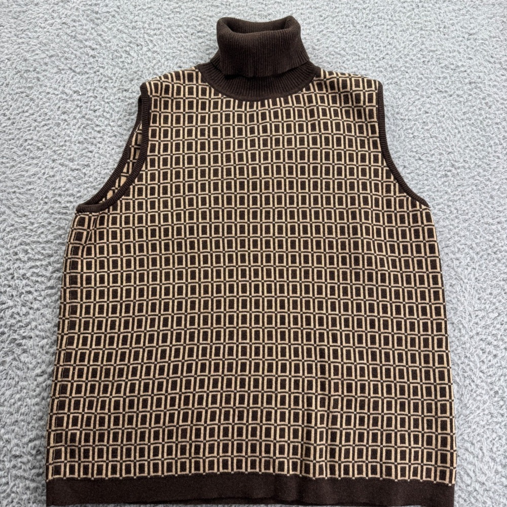 Liz Claiborne Sleeveless Turtleneck Sweater Geometric Print‎ Brown Tan Womens L